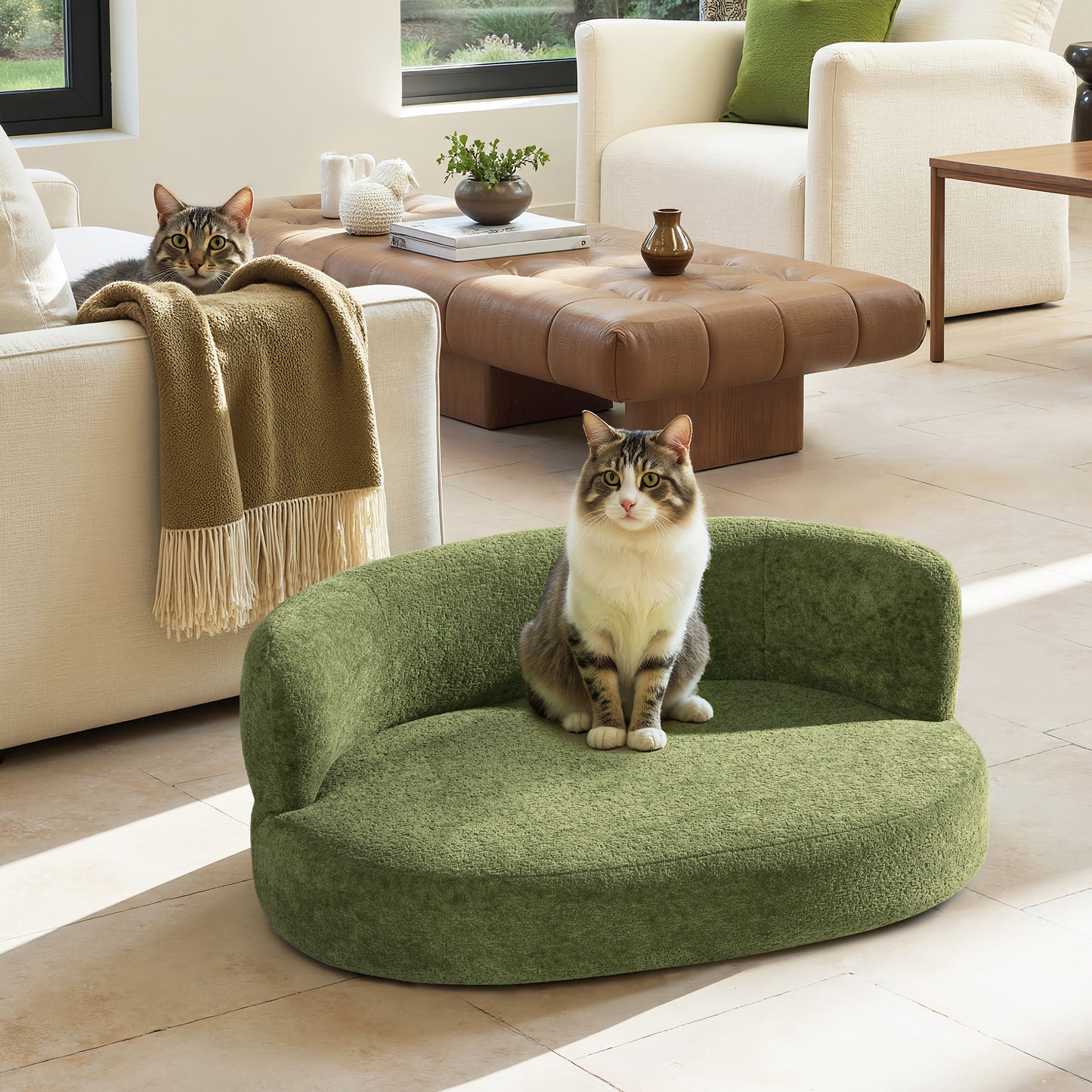 36" Curved Dog Sofa Bed – Moss Green Teddy Fleece
