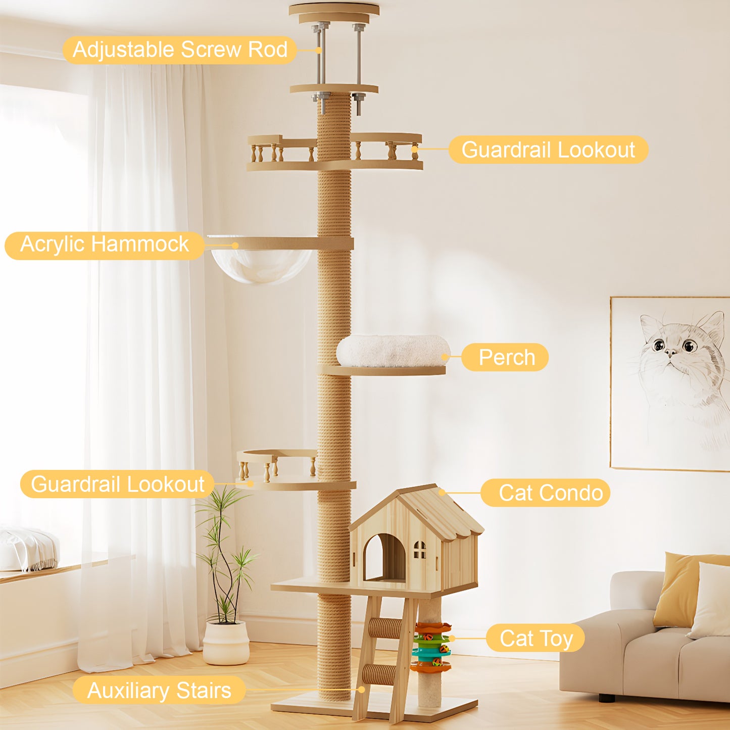 Floor-to-Ceiling Cat Tree – Adjustable 98–110in