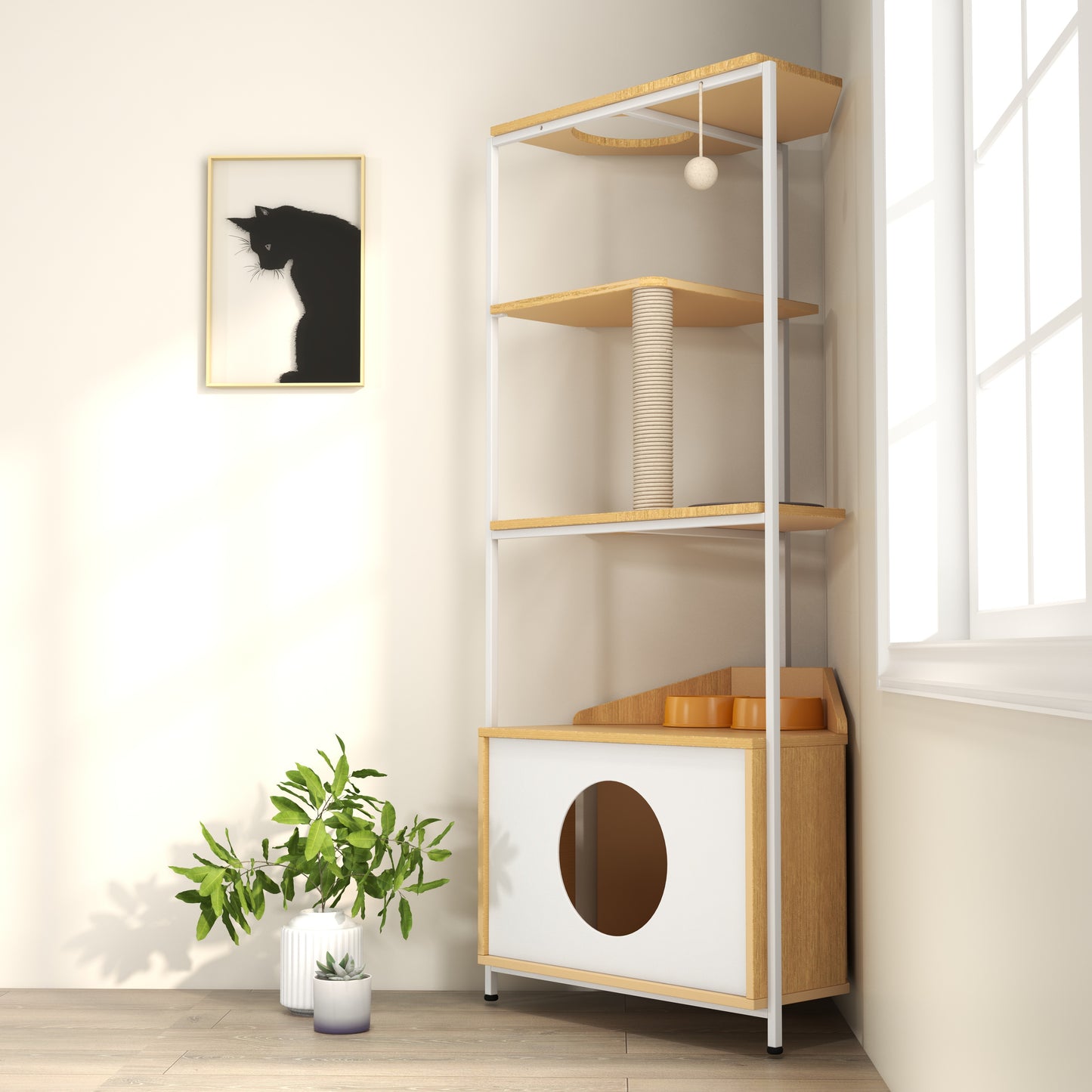 Corner Cat Tower with Feeding Station