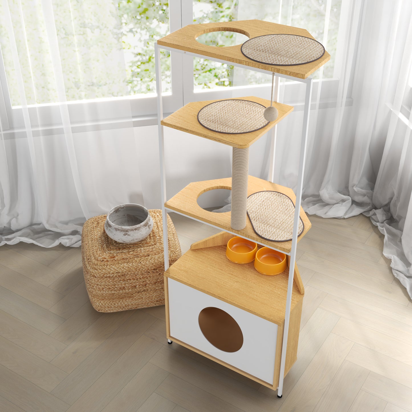 Corner Cat Tower with Feeding Station