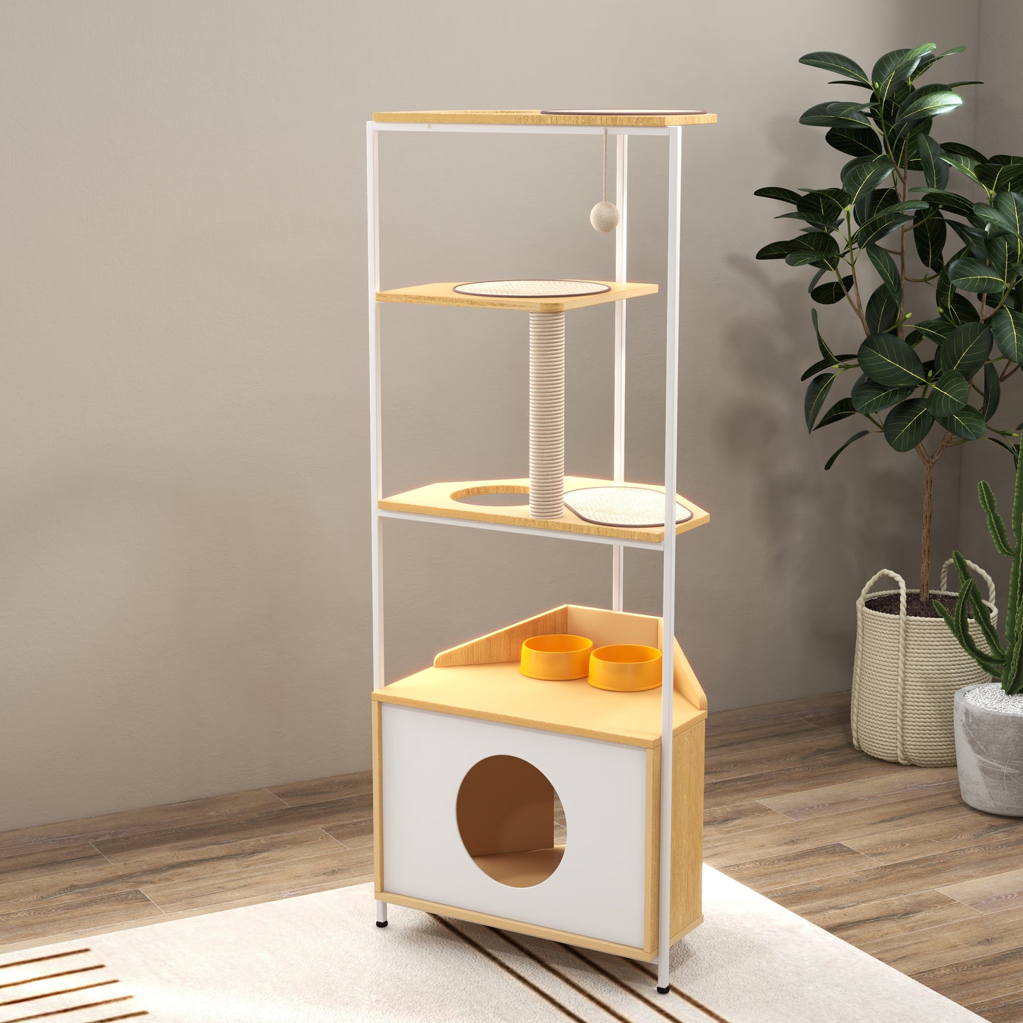 Corner Cat Tower with Feeding Station