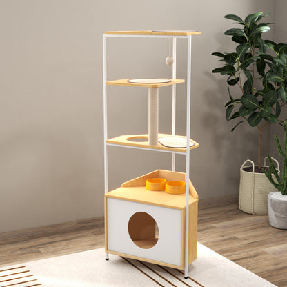 Corner Cat Tower with Feeding Station