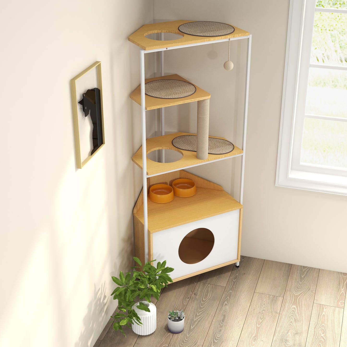 Corner Cat Tower with Feeding Station