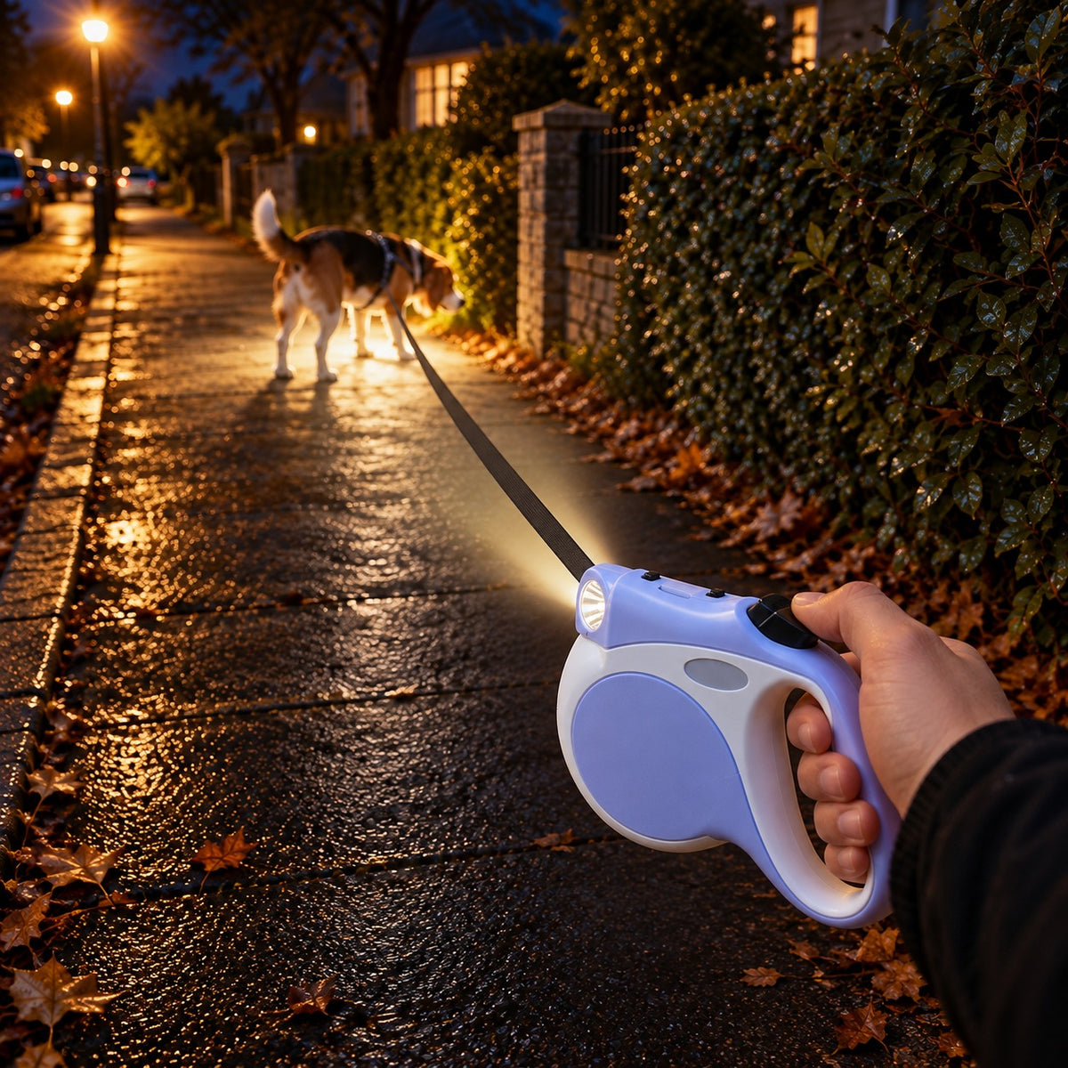 Retractable dog leash LED light illuminating a pavement on a dark evening dog walk