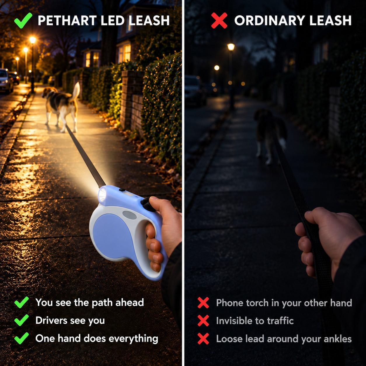 Night walk comparison: PETHART LED retractable dog leash versus an ordinary unlit dog leash