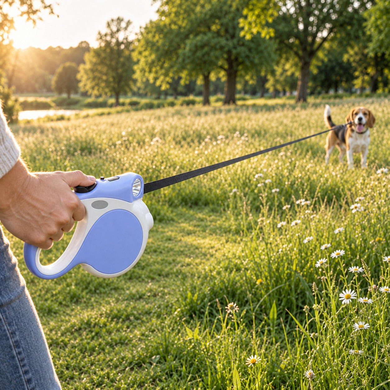 Retractable dog leash extended to its full 5 m range while a dog explores a park meadow