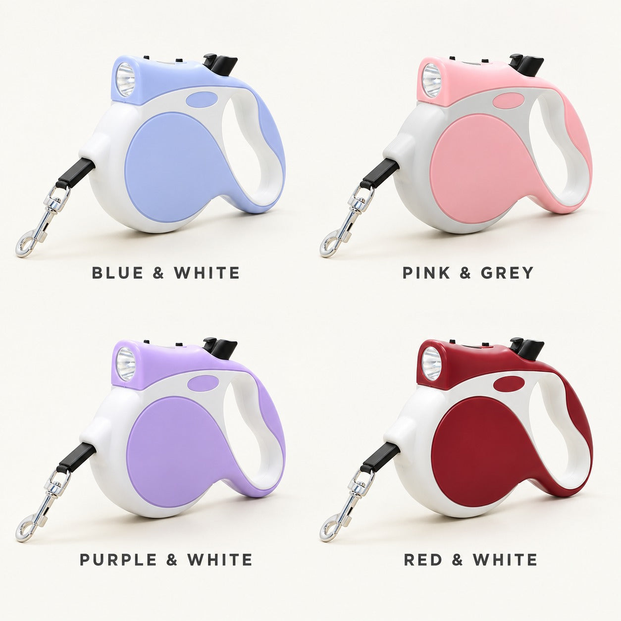 All four PETHART retractable dog leash colourways: Blue and White, Pink and Grey, Purple and White, Red and White