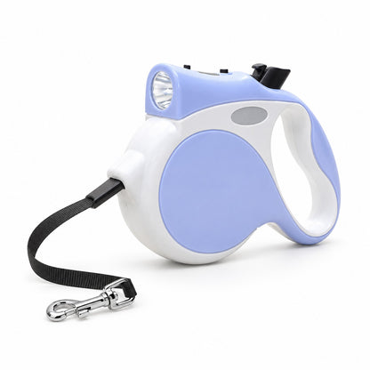 Blue and white PETHART retractable dog leash with built-in LED light, 5 m, on white background